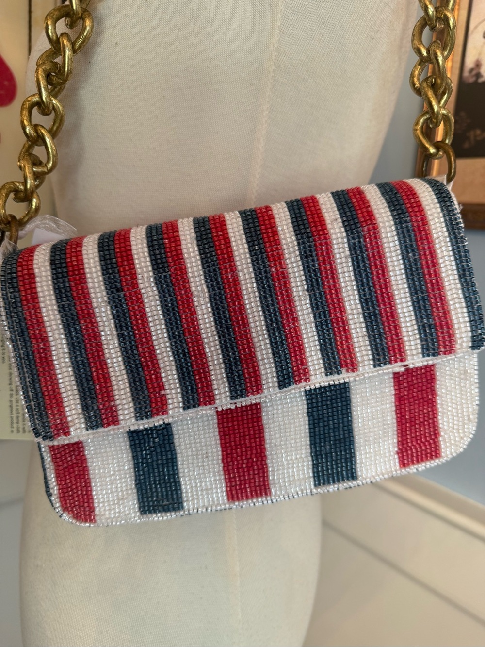 Viral Beaded Bag! NWT Made in India Red White Blue Stripes Chain Shoulder Bag - Picture 1 of 11